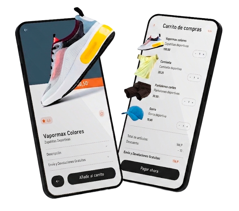 App de ecommerce: ficha de producto y carrito de compras en mobile